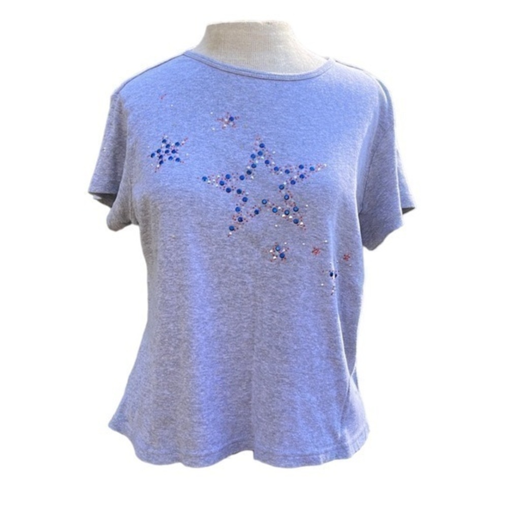 FASHION BUG short sleeve cotton shirt with sequin stars, gray/red/blue, medium